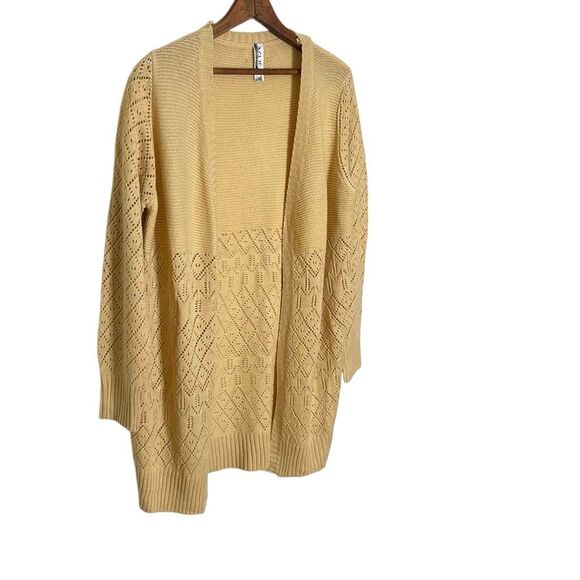 Azur Collection Open Front Pointelle Knit Longline Cardigan Pale Yellow Sz Large - Picture 4 of 8